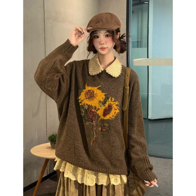 Xiao Zhuo's Sweater [Van Gogh] Lazy Style Fashionable Autumn and Winter Loose Sweater Retro Jacquard 50188