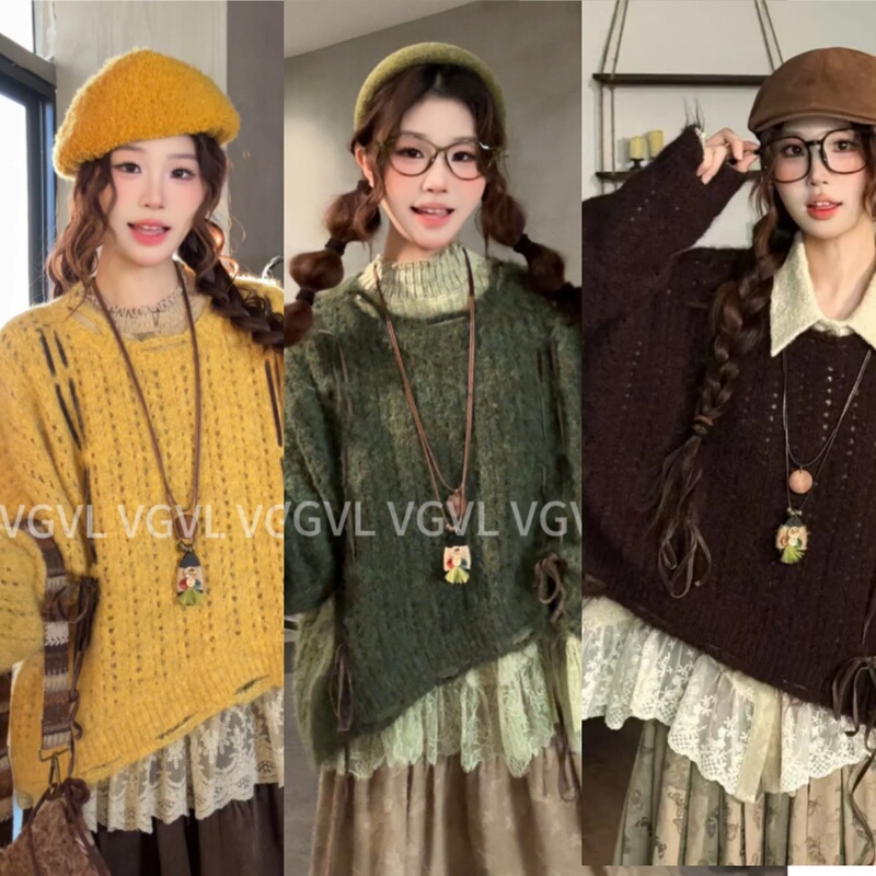 Xiao Zhuo's Sweater [Vgvl] Loose-Fitting Japanese-Style Pullover Long-Sleeve Knitwear, Lazy Style for Autumn and Winter Outerwear 50180
