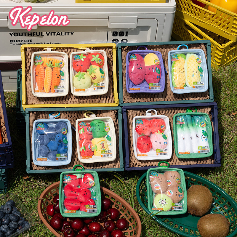 Authentic Kepelon Fruit and Vegetable Platter Plush Doll Cherry Corn Tomato Kiwi Strawberry Green Onion Card Holder Pendant