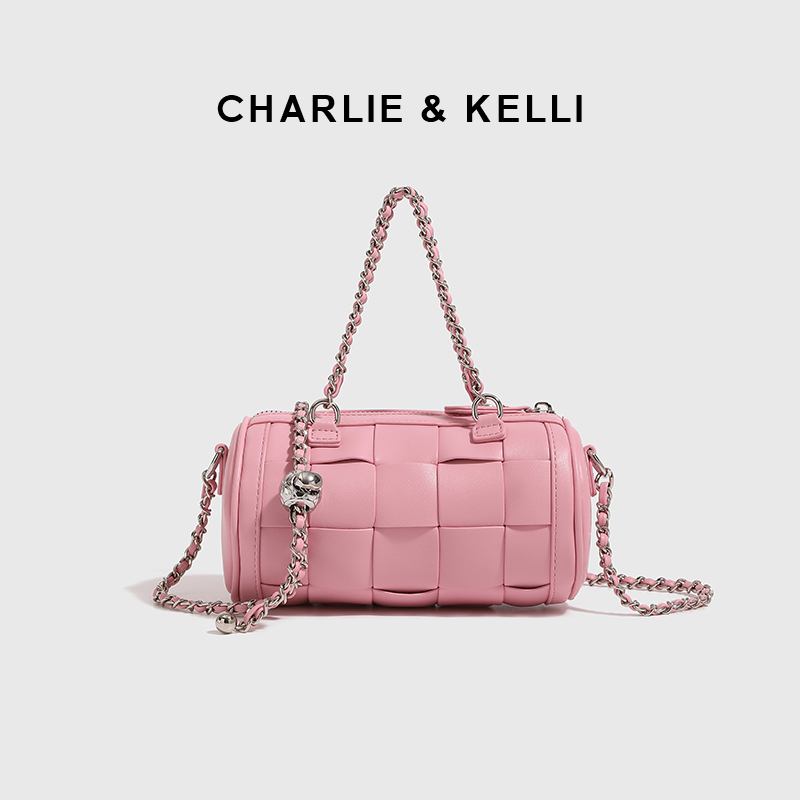 Official Website C&K Flagship Store Women's High-End Handbag 2026 Small Cylindrical Bag Pink Woven Shoulder Crossbody Bag