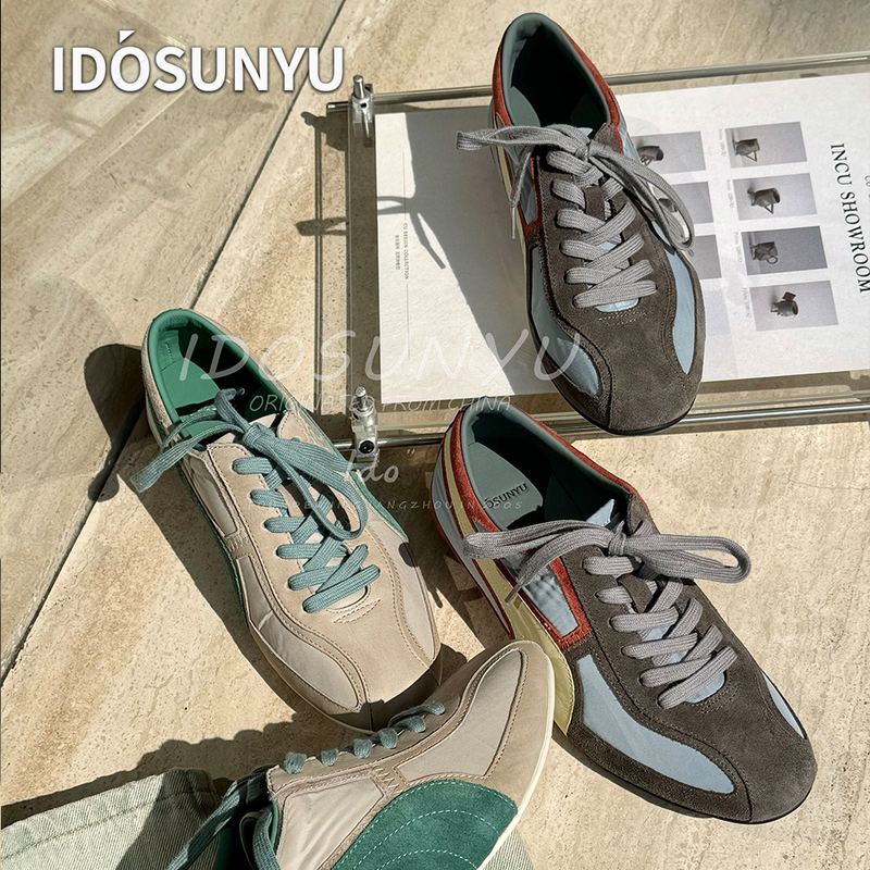 Idosunyu European Goods 2026 Spring New Retro Color-Blocking Flat German Training Shoes for Women Versatile Lace-Up Casual Sneakers