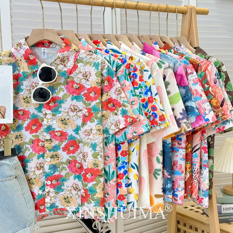 Performance Floral Shirt for Women, Retro Hong Kong Style, Loose and Slimming, Couple Style Short-Sleeved Shirt, Team Building Vacation Beach Top