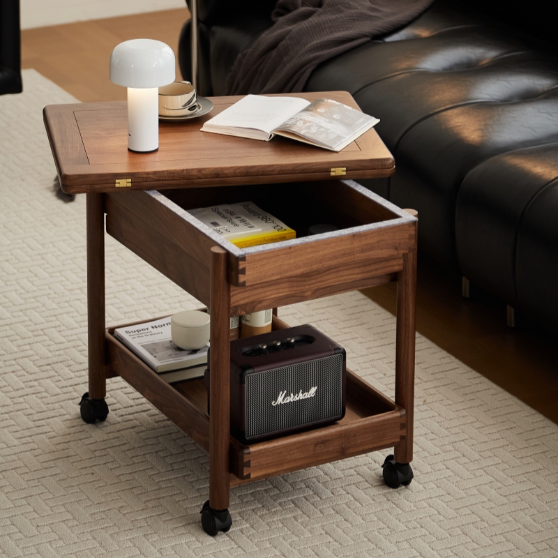 All-Solid Wood Living Room Movable Folding Coffee Table Side Table Trolley, All North American Black Walnut Wood Side Cabinet, Small Apartment Tabletop