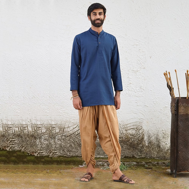 Isha Men's 100% Organic Cotton Long Sleeve Top Shirt Indian Kurta Aum Embroidery Navy Blue Yoga