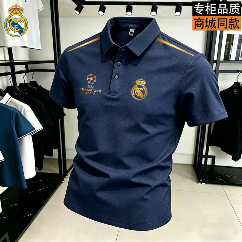 Summer New Black and Gold Barcelona Real Madrid Football Outdoor Sports Polo Shirt Trendy Versatile Casual Lapel Top for Men Summer New Black and Gold Barcelona Real Madrid Football Outdoor Sports Polo Shirt Trendy Versatile Casual Lapel Top for Men