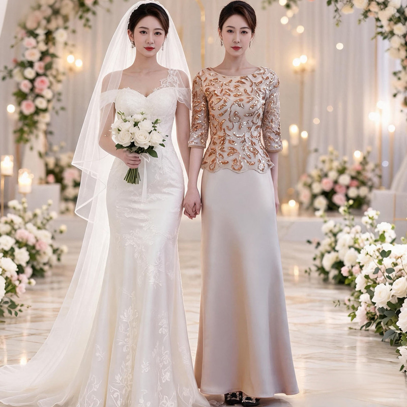Champagne-Colored Sequin Two-Piece Dress for Mother-In-Law's Wedding Banquet, High-End Elegant Slimming Long Gown for Women Champagne-Colored Sequin Two-Piece Dress for Mother-In-Law's Wedding Banquet, High-End Elegant Slimming Long Gown for Women
