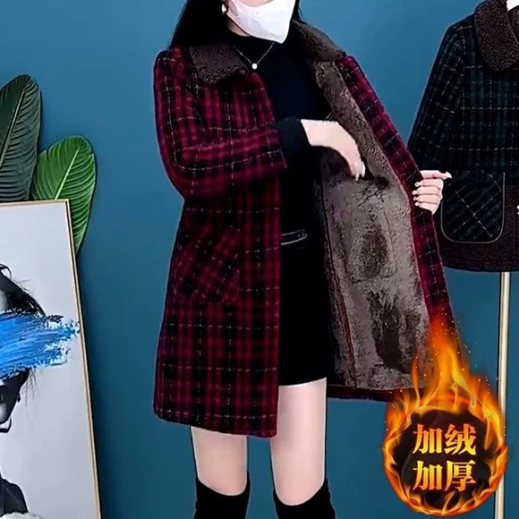 Mink Woolen Coat Autumn and Winter 2024 New Style Mid-Length Stylish Fleece-Lined Thickened Plaid Women's Woolen Coat