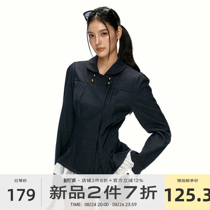 Aaisup French-Style Double-Breasted Short Jacket for Women, Early Autumn Design with Patchwork and Ruffles, Slimming Jacket Top