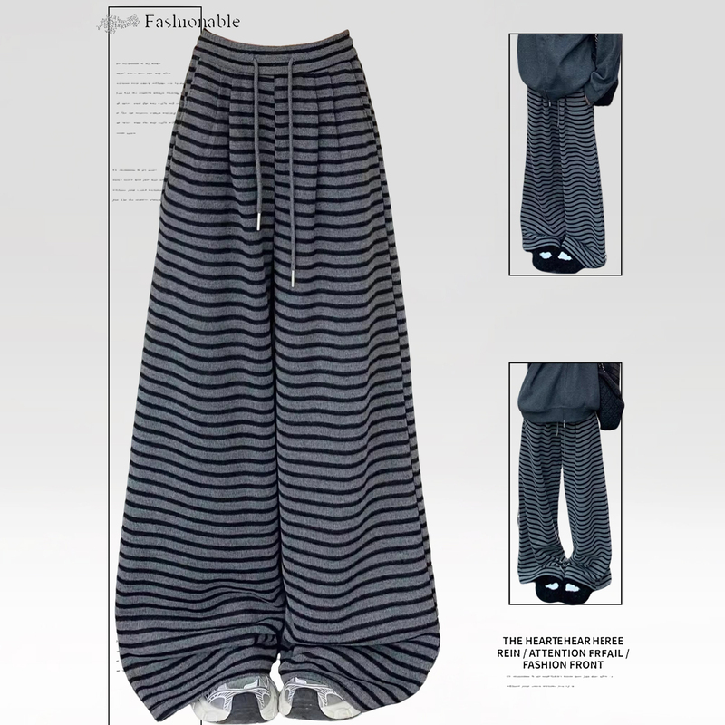Plus-Size Niche Trendy High-End Women's Striped Wide-Leg Pants for Women, Loose Sweatpants for Plus-Size Women, Casual Pants for Spring and Autumn