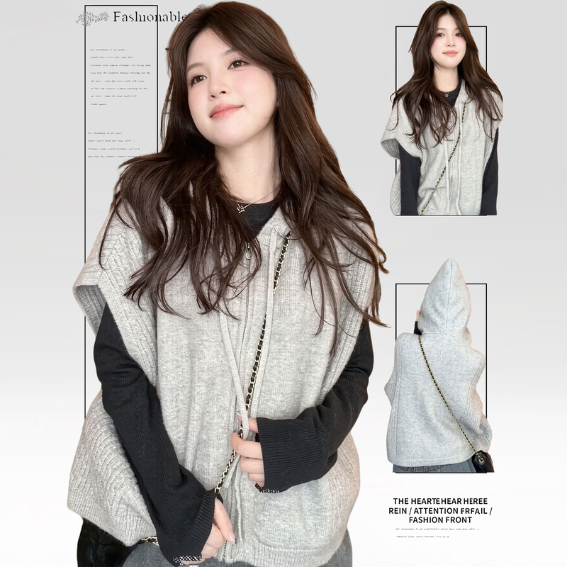 Plus Size Women's Clothing 2026 Autumn New Hooded Knitted Cardigan Vest for Women, Loose and Lazy Style Sweater Jacket for Fat Women Plus Size Women's Clothing 2026 Autumn New Hooded Knitted Cardigan Vest for Women, Loose and Lazy Style Sweater Jacket for Fat Women