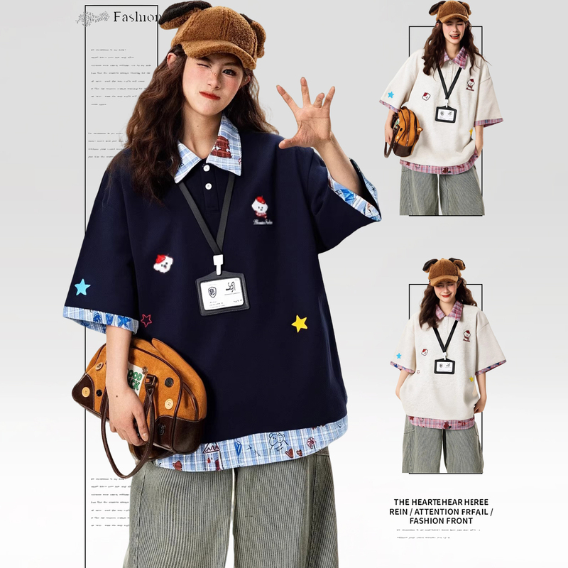 150kg Plus Size Cartoon Print Fake Two-Piece Polo Collar Short-Sleeved T-Shirt for Women, Fashionable Loose Top in College Style