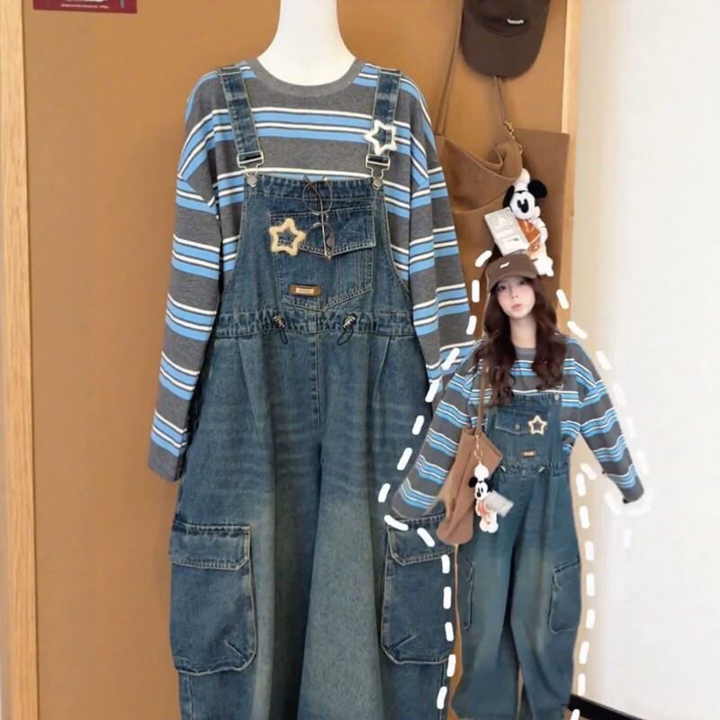 Plus Size Women's American Retro Denim Overalls for Women, New Autumn Fashion Scimitar Jumpsuit for Fat Women