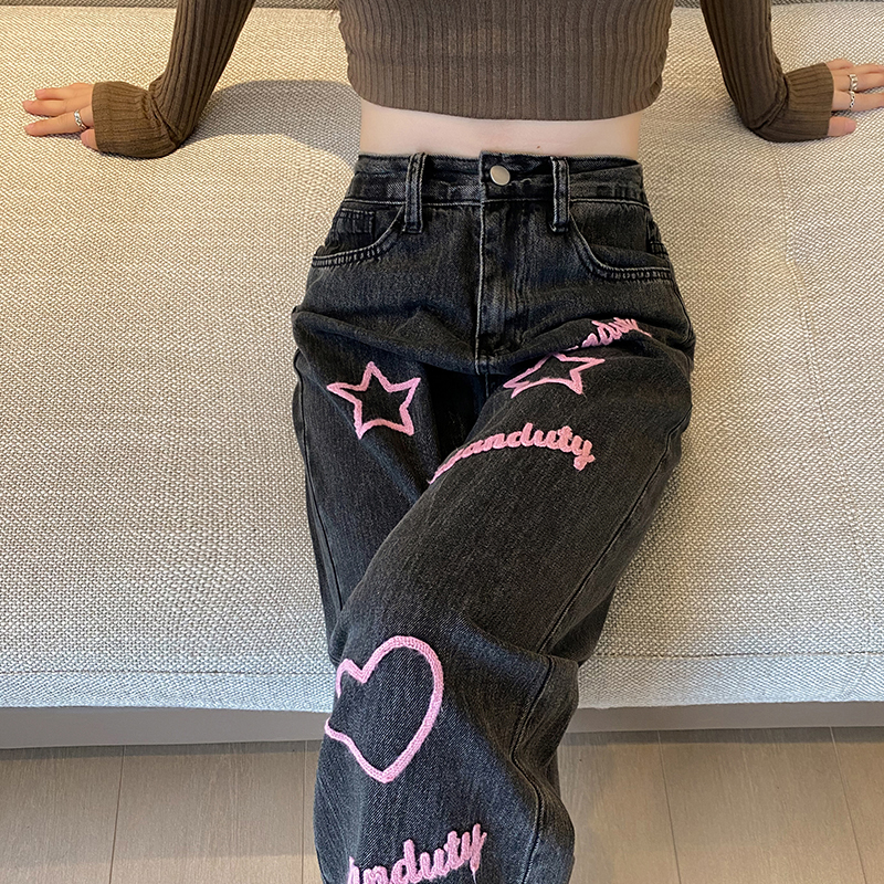 150kg Plus Size American High Street Embroidered Wide-Leg Jeans with High Waist, Slimming Effect, Letter Design, Straight-Leg Pants