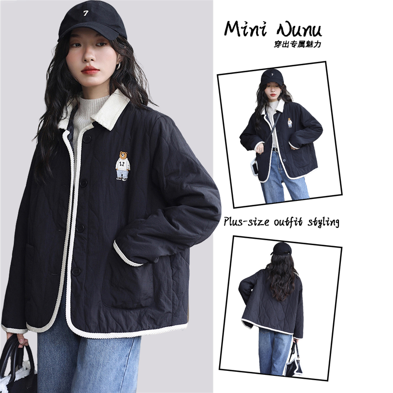150kg Plus Size Women's Clothing with Bear Embroidery, Turn-Down Collar Cotton Jacket for Plus-Size Women, Loose and Warm Black Coat for Autumn and Winter 150kg Plus Size Women's Clothing with Bear Embroidery, Turn-Down Collar Cotton Jacket for Plus-Size Women, Loose and Warm Black Coat for Autumn and Winter
