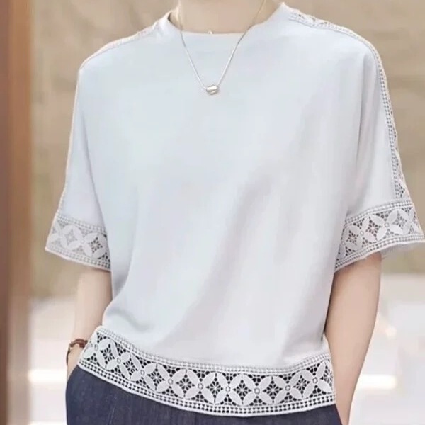 2025 Summer New Fashion Versatile Cool Short-Sleeved Shirt with Hollow Lace Splicing T-Shirt for Petite Women 2025 Summer New Fashion Versatile Cool Short-Sleeved Shirt with Hollow Lace Splicing T-Shirt for Petite Women