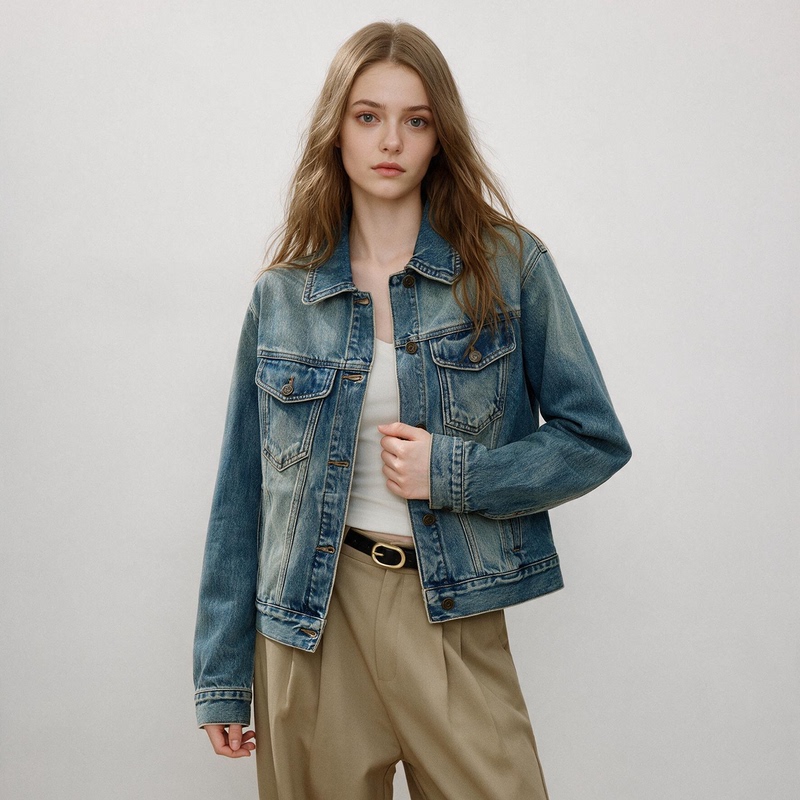 American Retro Distressed Washed Denim Jacket for Women, Autumn Season, Petite Size, Loose Fit, Versatile Short Style with Turn-Down Collar American Retro Distressed Washed Denim Jacket for Women, Autumn Season, Petite Size, Loose Fit, Versatile Short Style with Turn-Down Collar