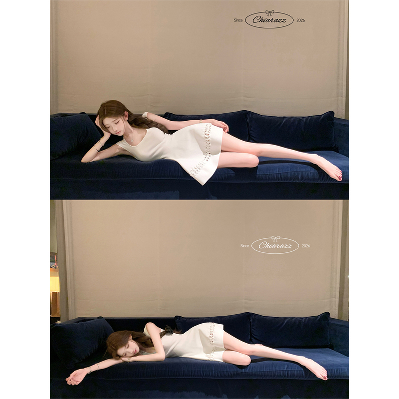 Chizhaozhao 26Ss/Innocent and Charming Daughter Alai* Pure White Little White Flower Knitted Waist-Cinching Dress Elegant Short Skirt for Women