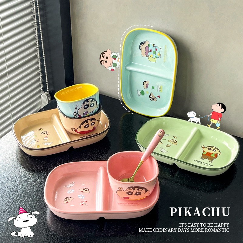 Crayon Shin-Chan Divided Plate, One-Person Dining Set, Household High-Quality Ceramic Children's Breakfast Plate and Bowl