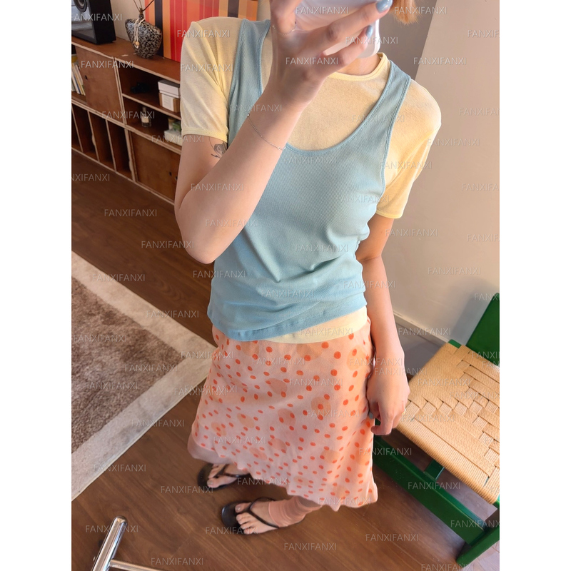 Strongly Twisted Cotton Low-Saturation Candy Color Contrast Round Neck Top Two-Piece Set Sleeveless Vest + Short-Sleeved T-Shirt S388