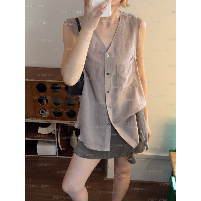 Copper Ammonia Silk Sand-Washed Raw Edge Cool Sleeveless Vest Versatile Loose Pocket V-Neck Single-Breasted Top D109