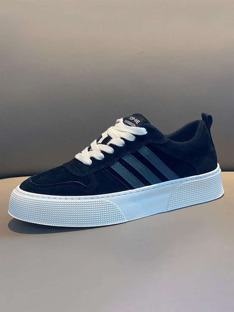 Hong Kong Men Shoes Genuine Leather Thick Bottom 2024 New Spring Autumn 100 Hitch Light Board Shoes Soft Bottom Black Plus Suede Casual Shoes Winter-Taobao