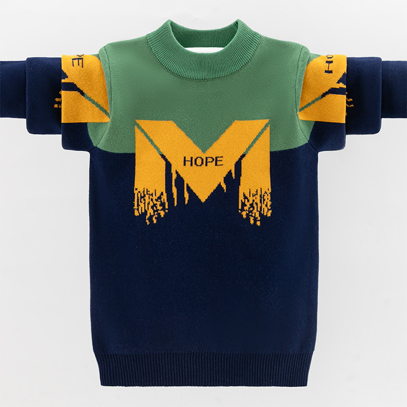 Boys' Sweater Autumn/Winter 2025 New Style, Fleece-Lined, Thickened, Warm, Stylish Knitwear for Older Children