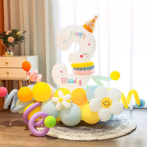 儿童1234白色生日数字气球花立柱男女孩周岁生日派对场景布置装饰