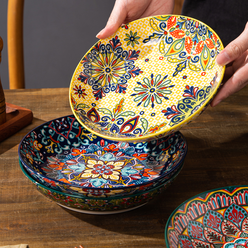 Bohemian Underglaze Ceramic Plate, New Round Plate for Home Use, High-End Stir-Fry Dish, Dinner Plate, Deep Plate