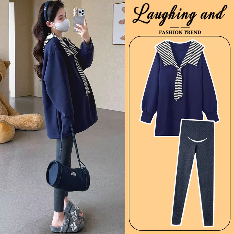 Maternity Autumn Outfit Set, Fashionable, Stylish, Casual, Loose-Fitting, Belly-Covering Shawl, Long-Sleeved Sweatshirt, Spring and Autumn Two-Piece Set
