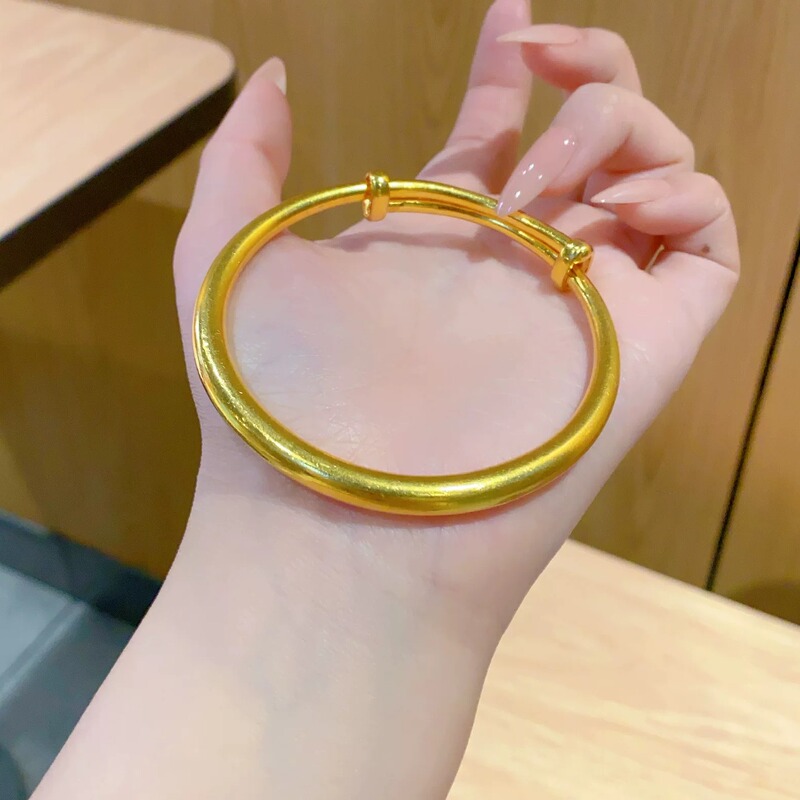 New Gold-Plated Bracelet, Same Style as Gold Stores, Classic Smooth Surface, Push-Pull Gold-Plated Silver Bracelet, Real Solid Gold, Gift for Elders on Holidays