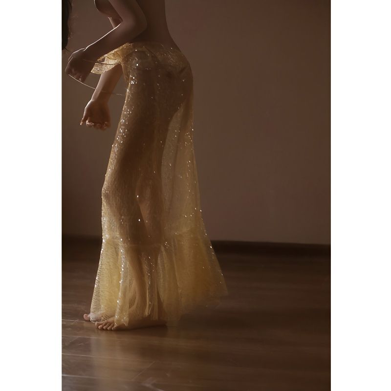 Susu Sun's Shop Mermaid Princess Heavy-Duty Sheer Gold Sequin Slip Dress Private Studio Photography Shoot