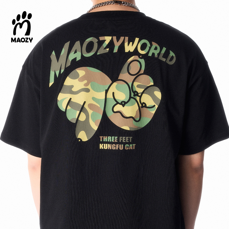Maozyworld Cat Paw Gesture Round Neck Camouflage Print Short-Sleeved T-Shirt American Retro Street Couple Top Summer