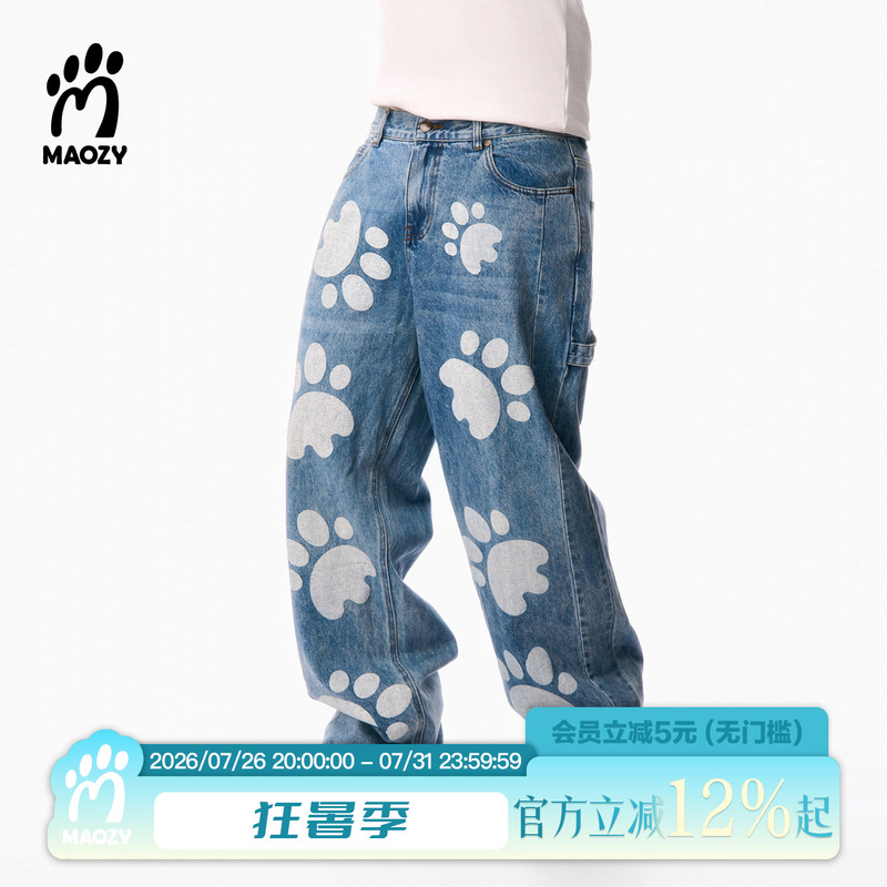 Maozyworld Cat Paw Print Jeans Retro Blue Straight-Leg Pants Loose Chinese Trendy Brand American Street Style Long Pants Maozyworld Cat Paw Print Jeans Retro Blue Straight-Leg Pants Loose Chinese Trendy Brand American Street Style Long Pants