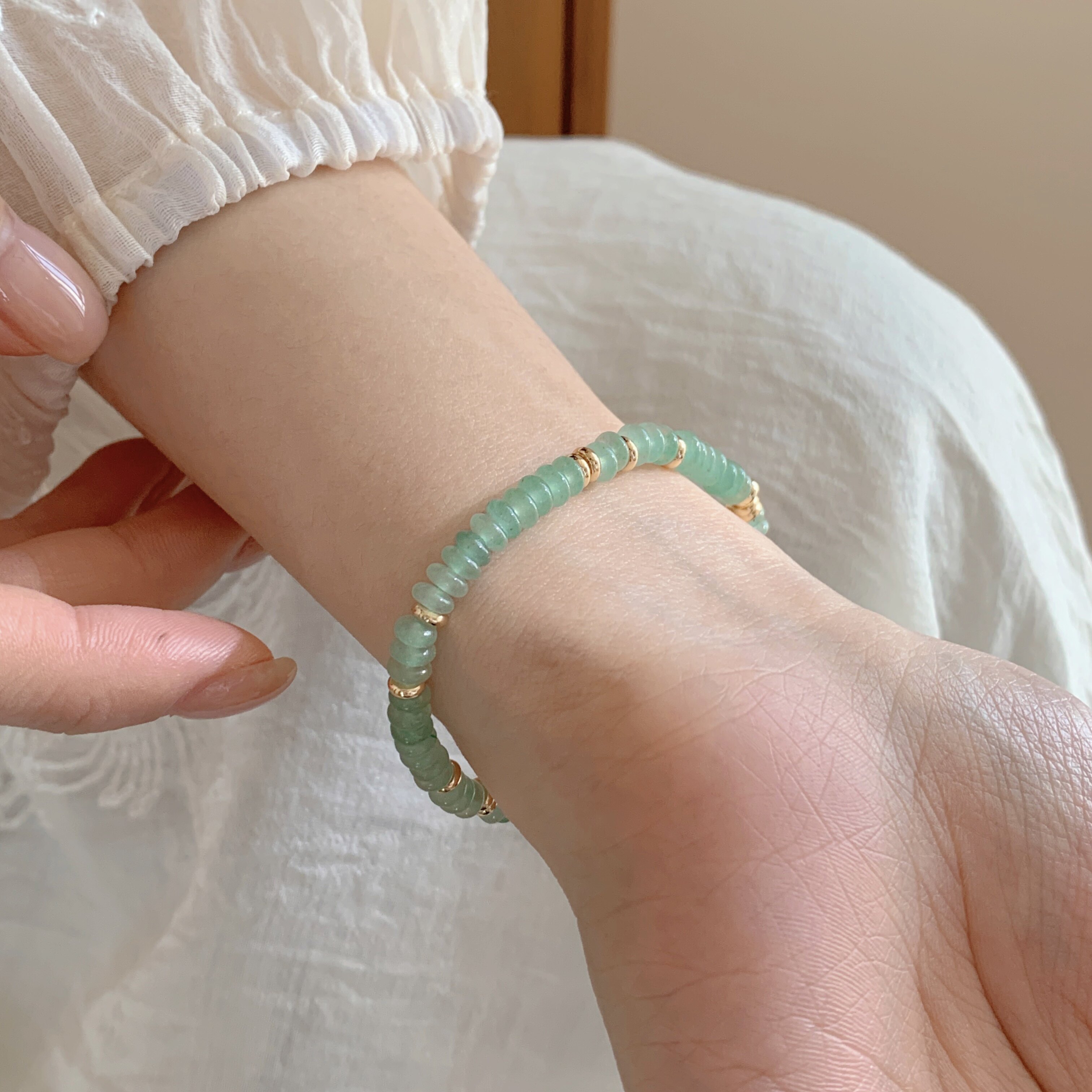 スプリングシークエンス 東洋風アベンチュリンそろばんビーズブレスレット、グリーン、明るい、新中国スタイル、天然クリスタル、高級感のあるレトロ感