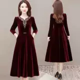 Весна и осень новая мода Lady Golden Velvet V-образное вырезок DRES