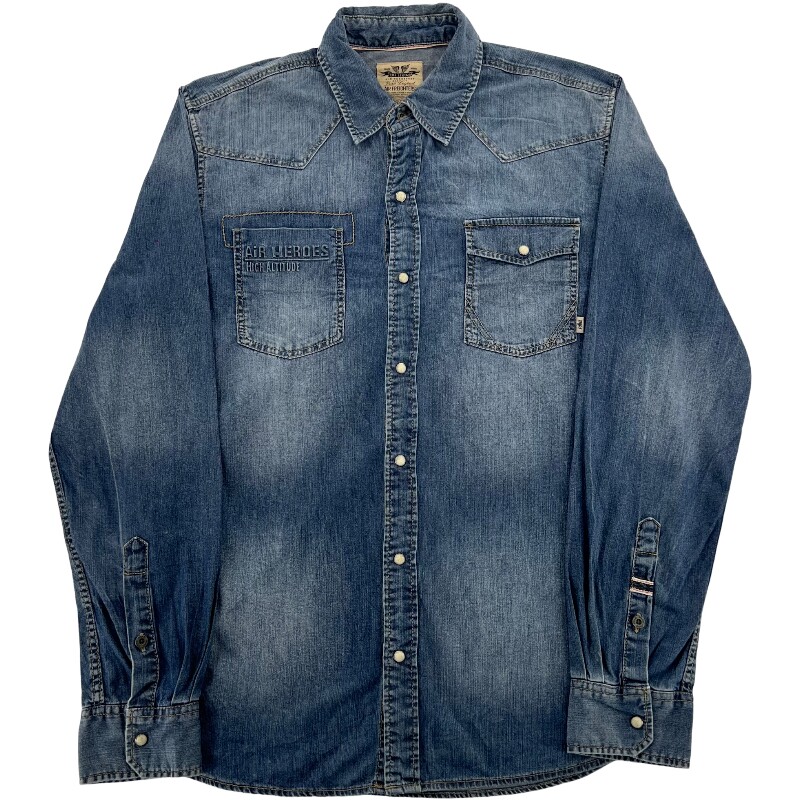 Джинсовая рубашка vintage古着美式复古阿美咔叽水洗做旧长袖日系牛仔衬衫男女n2