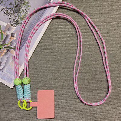 Contrasting color double rope powder blue mobile phone lanyard women's creative non-porous fixed card clip mobile phone chain Messenger pendant long