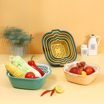 Fruit Basin Blue Yellow Parquet Color Wash Vegetable Basket Double Plastic Wash Basin Drain Basket Kitchen Multifunction Theiner