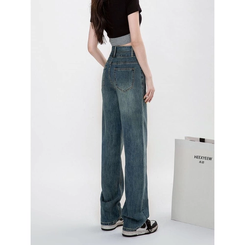 Весенние джинсы, штаны, высокая талия, свободный прямой крой, по фигуре