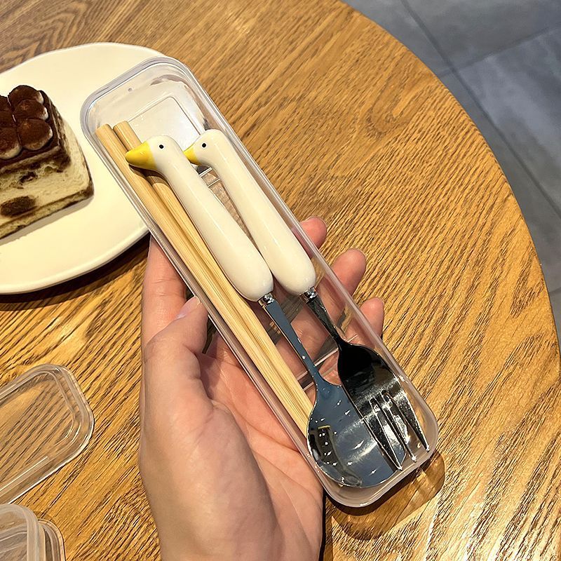 Cute cutlery big white goose stainless steel fork spoon ceramic handle Creative student child soup spoon fork spoonful girl's heart-Taobao