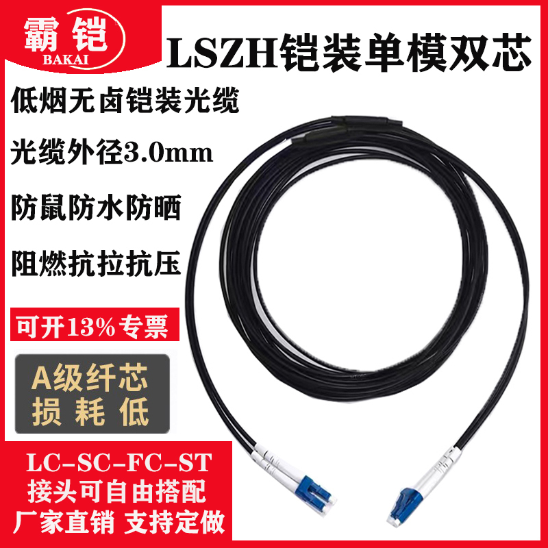 Telecom-Grade Lszh Armored Single-Mode Dual-Core Fiber Optic Patch Cord Indoor/Outdoor Armored Fiber Cable Extension Cable Rodent-Proof Waterproof Flame-Retardant Tensile-Resistant Lc to Lc-Fc-Sc-St Engineering Patch Cord