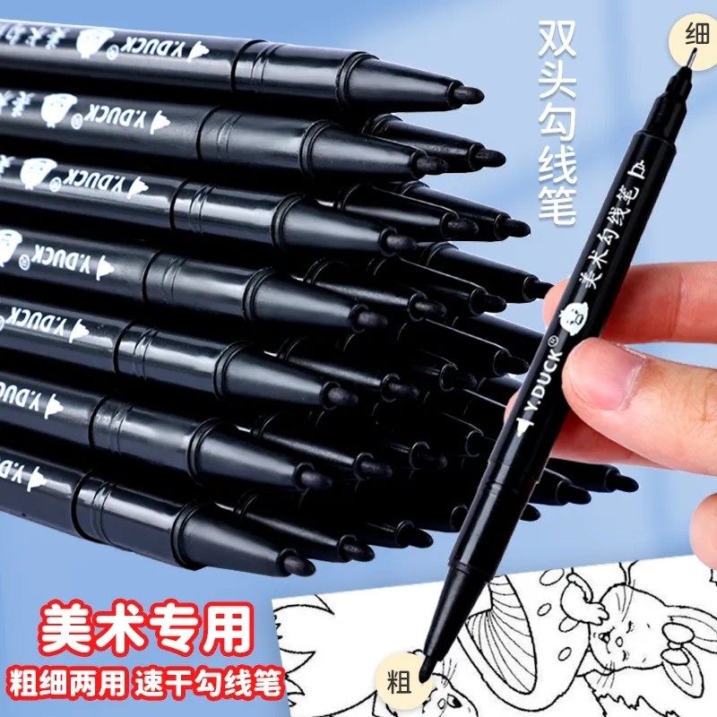Double-Ended Marker Pen for Art Students, Oil-Based Marker Pen with Thick and Thin Tips, Black, Quick-Drying, Waterproof, Thick Tip