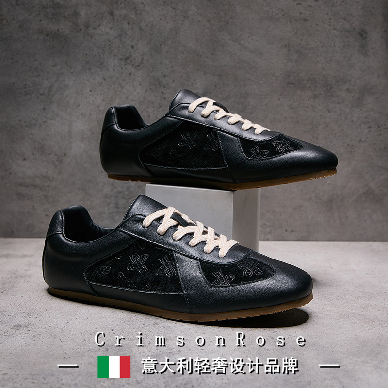 Cr Luxury Italian 2026 Autumn/Winter German Training Shoes for Men, Genuine Leather with Bee Print, Casual Shoes, Versatile Men's Sneakers