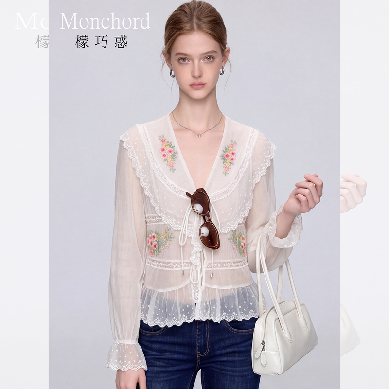 French-Style Pastoral Embroidered Floral Lace Shirt for Women, Early Autumn V-Neck Tie-Up, Very Pretty Short Hollow-Out Sun Protection Top French-Style Pastoral Embroidered Floral Lace Shirt for Women, Early Autumn V-Neck Tie-Up, Very Pretty Short Hollow-Out Sun Protection Top