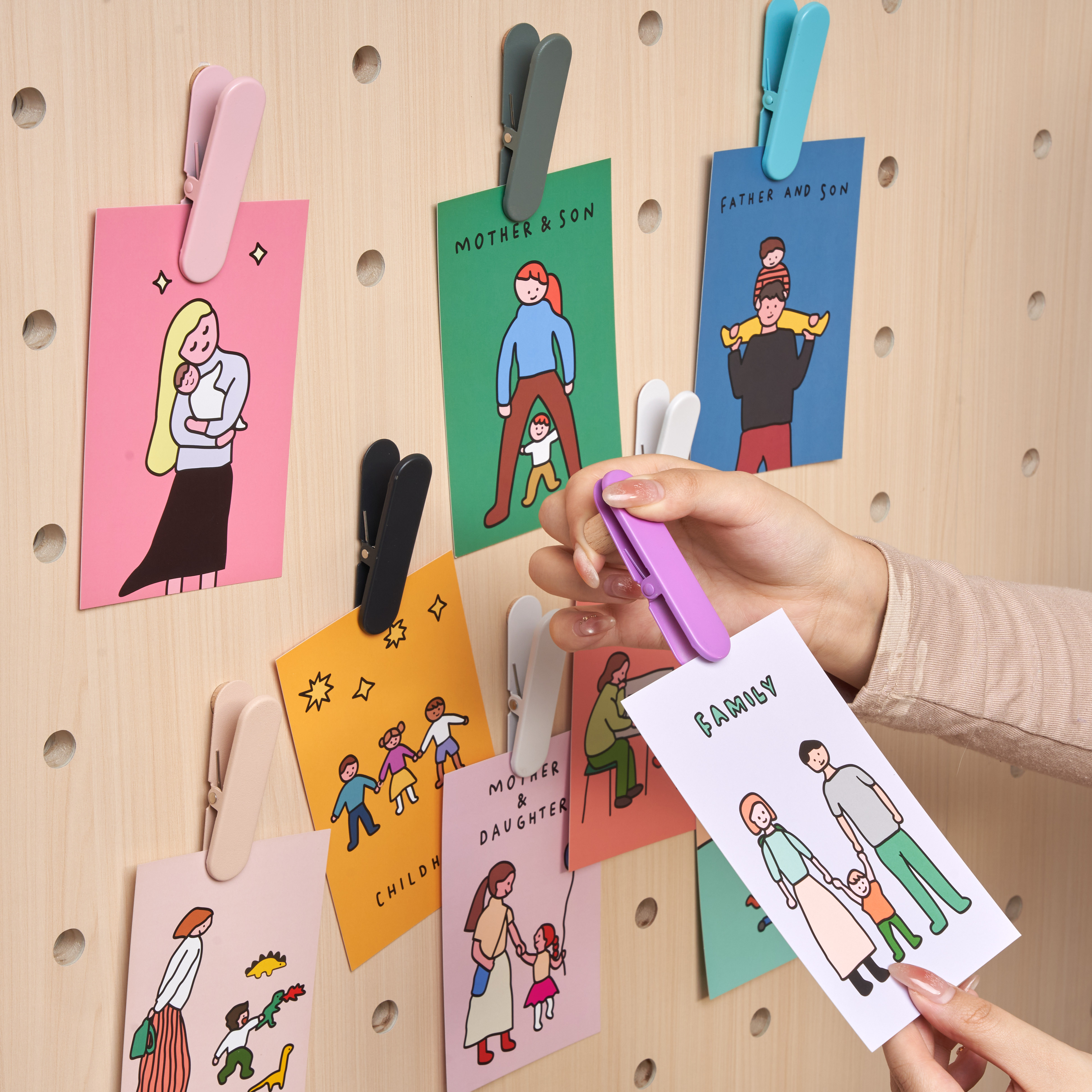 Wooden hole board metal clip storage photo poster display
