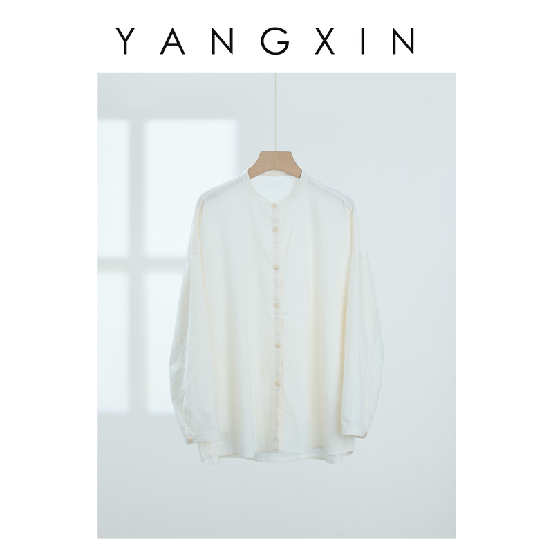 Ageless【Simple White】Original Design 95% Cotton + 5% Cashmere Loose Drop Shoulder Long Sleeve Stand Collar Shirt Fw12032