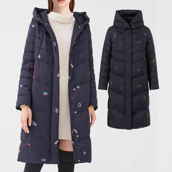Shopping mall matching mid-length hooded embroidered down jacket for women