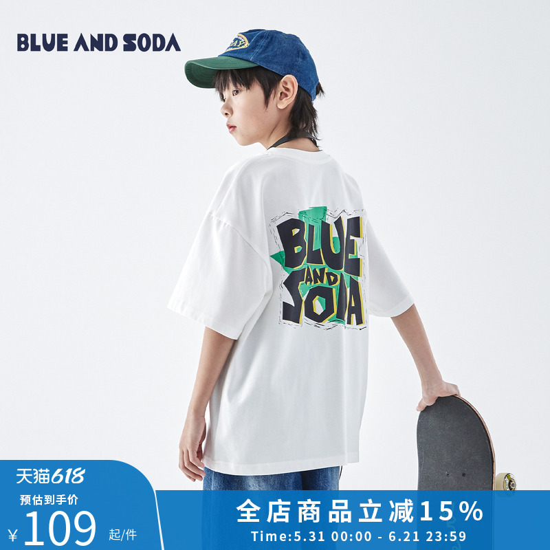 Blue Soda 2026 Spring New Boys' Color-Block Letter Print Short-Sleeve Youth Summer Loose Cotton T-Shirt