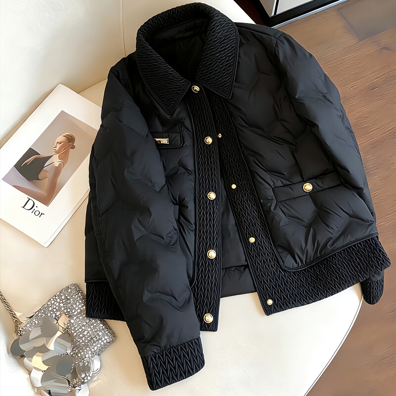Black Chanel-Style Lightweight and Warm Quilted Lapel Cotton Jacket for Women, Autumn and Winter Trendy Brand, Loose and Slimming Cotton Coat