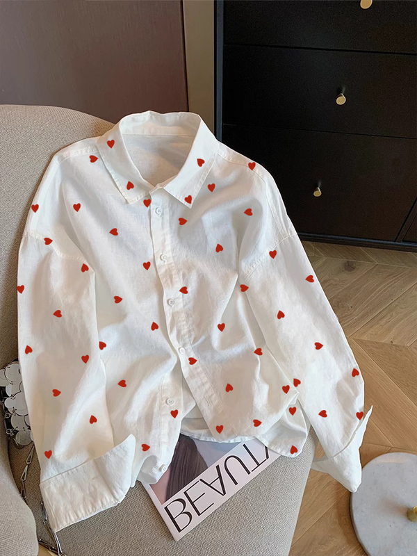 Niche Design Heart Print Polo Collar Long-Sleeve Shirt for Women, Summer Korean Style Versatile Age-Reducing College Style Top